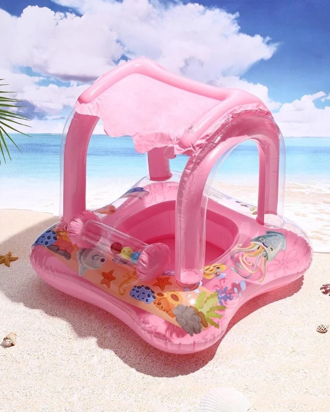 Colac gonflabil cu parasolar detasabil, Barcuta - Roz