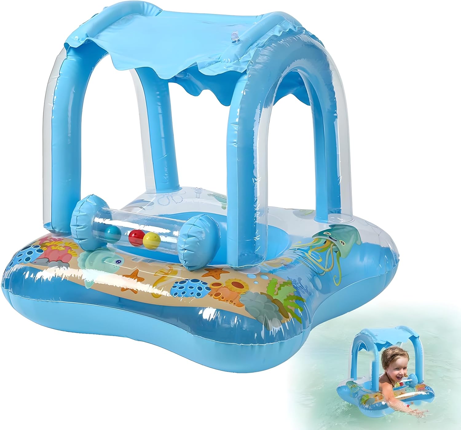 Colac gonflabil cu parasolar detasabil,1-6 an, Barcuta - Albastru