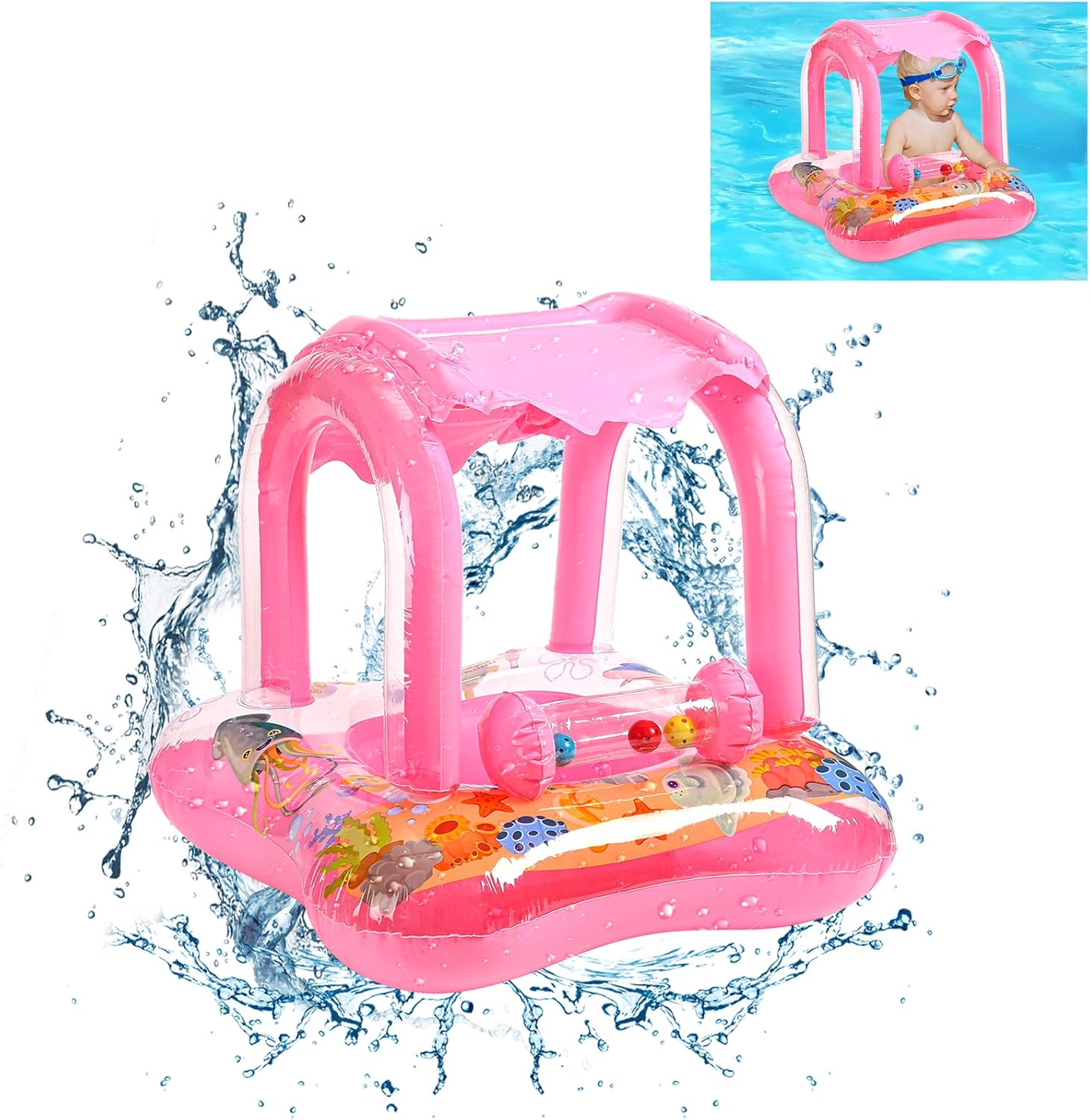 Colac gonflabil cu parasolar detasabil,1 – 6 ani, Barcuta - Roz