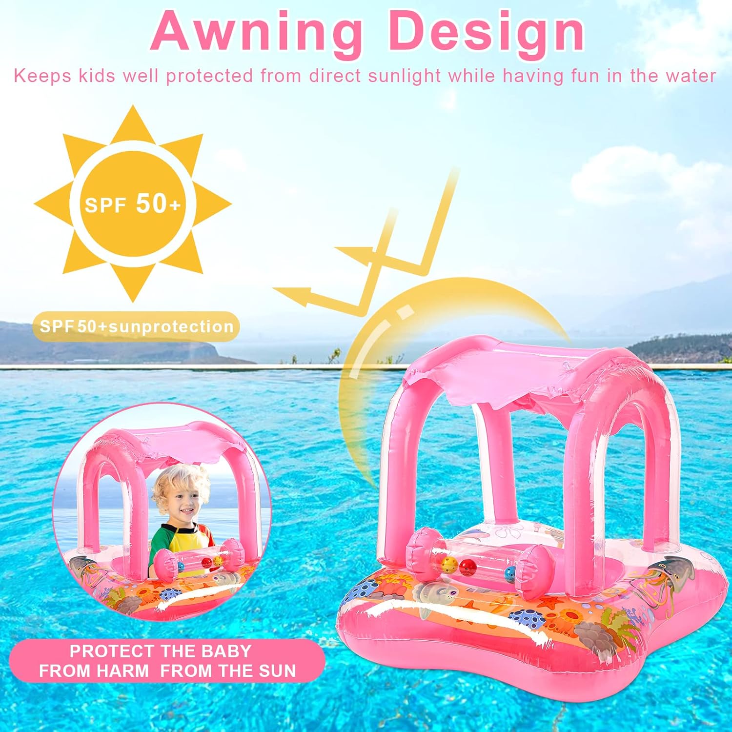 Colac gonflabil cu parasolar detasabil,1 – 6 ani, Barcuta - Roz