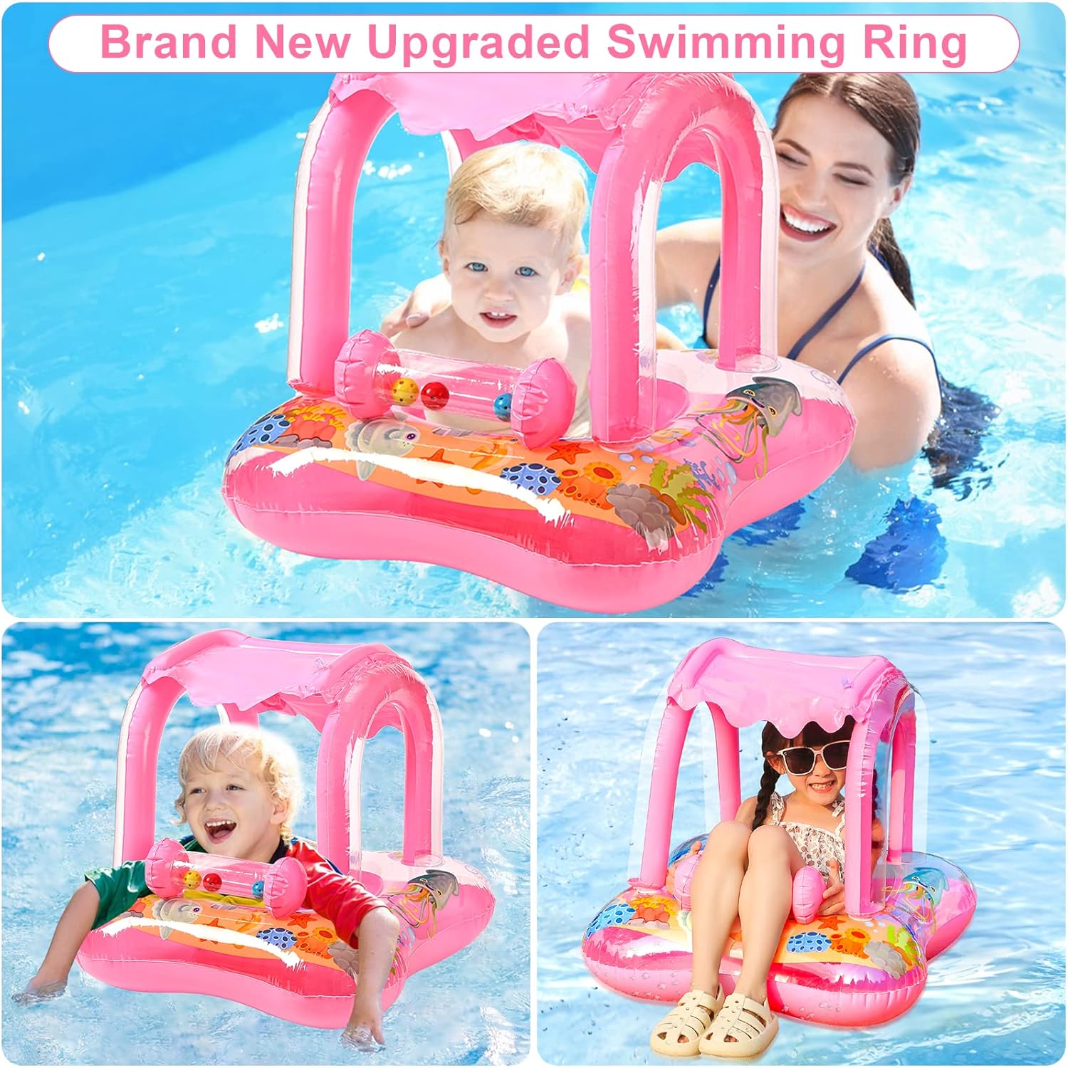 Colac gonflabil cu parasolar detasabil,1 – 6 ani, Barcuta - Roz