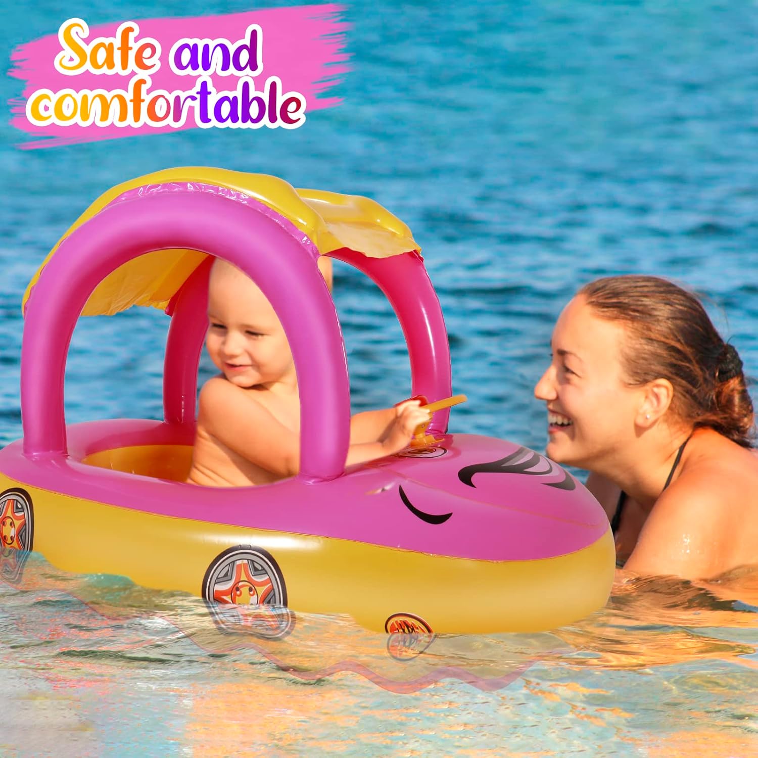 Colac gonflabil cu parasolar si volan, Masinuta- Roz