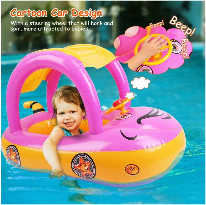 Colac gonflabil cu parasolar si volan, Masinuta- Roz