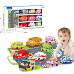 Joc bebe, set 9 masinute textile si covoras, 12 luni+