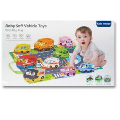 Joc bebe, set 9 masinute textile si covoras, 12 luni+