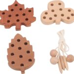 Set 3 jucării educative din lemn pentru șnuruit, Frunze, 3 ani