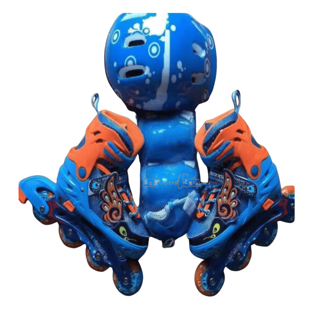 Set Role reglabile, Convertibile, 2 IN 1, si echipament protectie, 30-34 cm, Albastru