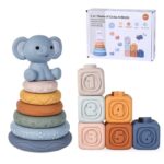 Set cuburi moi pentru bebelusi si turn de sortare- Elefant, 6 luni+