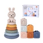 Set cuburi moi pentru bebelusi si turn de sortare- Iepuras, 6 luni+