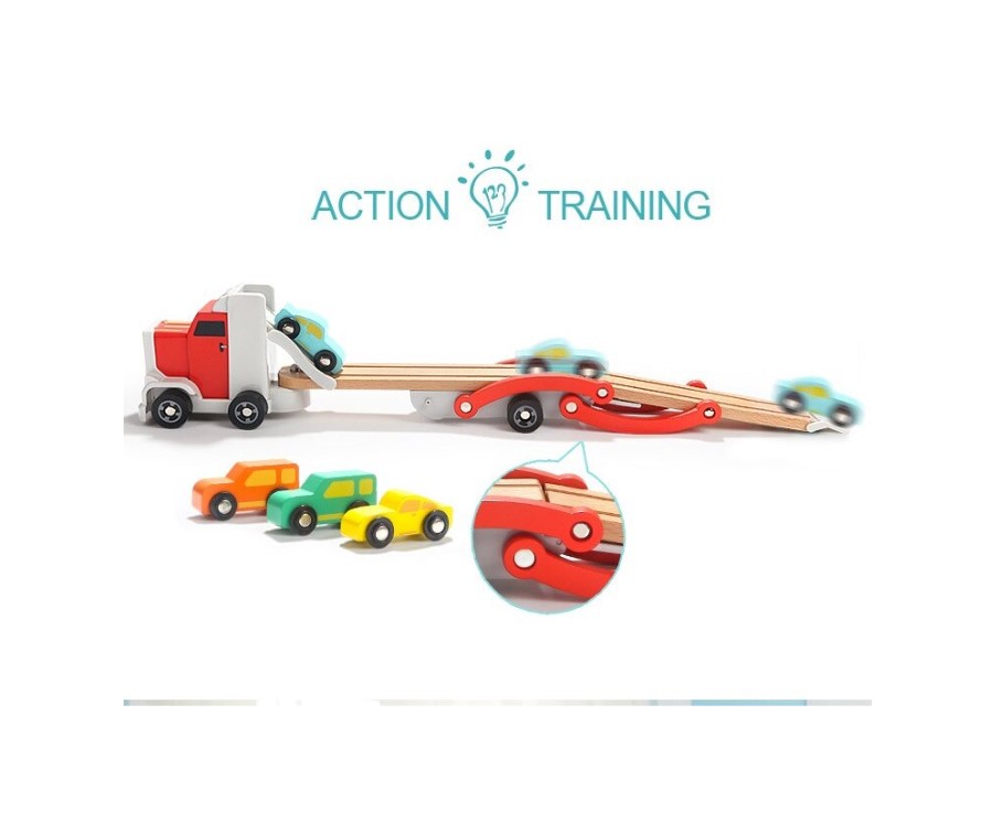 Camion Transportator din lemn cu 4 Vehicule, 3 ani+