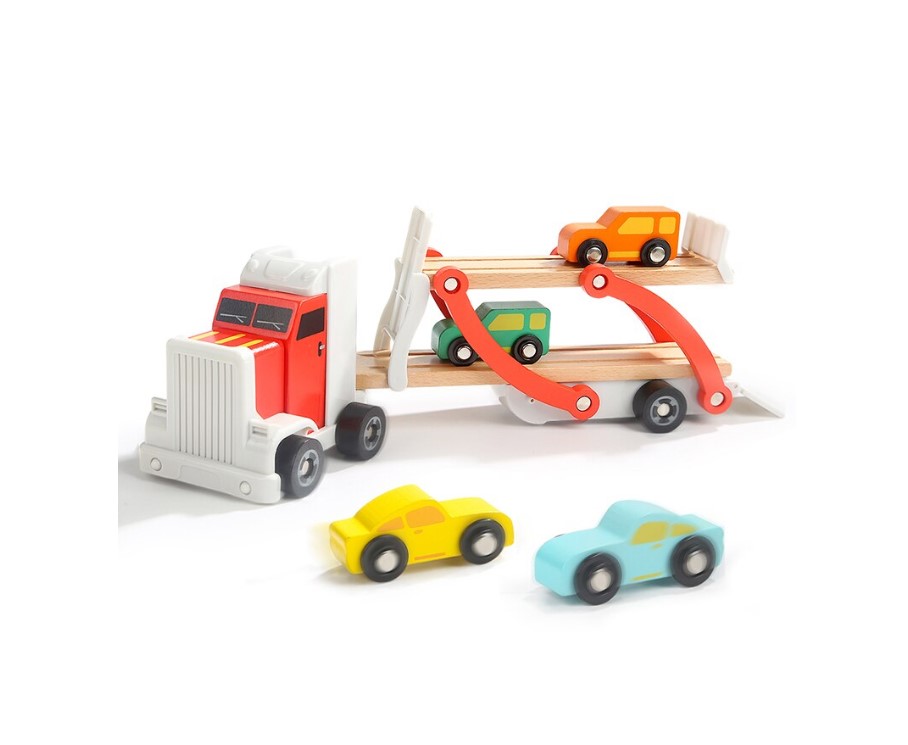 Camion Transportator din lemn cu 4 Vehicule, 3 ani+