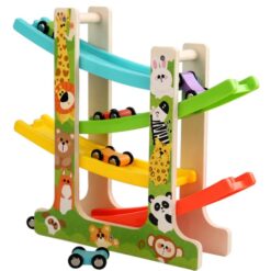 Circuit din lemn cu 4 piste si 6 masinute, 3 ani, Zoo 001