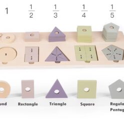 Joc Montessori 2 in 1, sortator de forme geometrice si puzzle fractii, 3 ani+