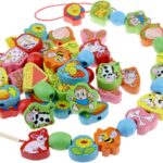 Joc de tip Montessori, set 56 margele din lemn, 3 ani, Animale