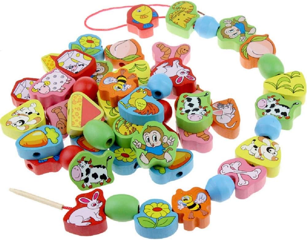 Joc de tip Montessori, set 56 margele din lemn, 3 ani, Animale 01