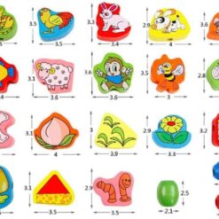 Joc de tip Montessori, set 56 margele din lemn, 3 ani, Animale 01