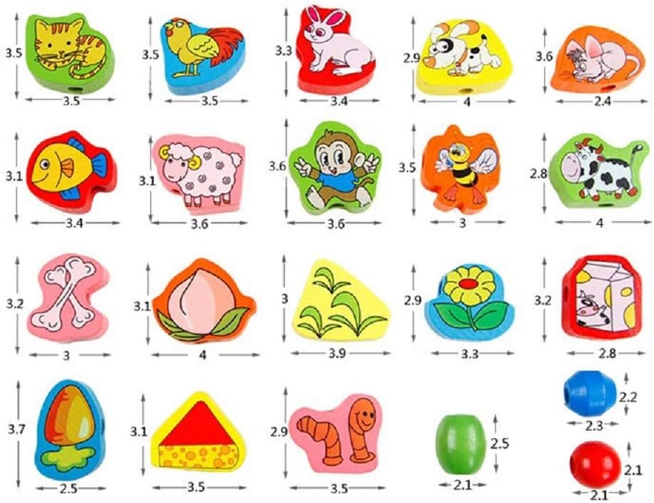 Joc de tip Montessori, set 56 margele din lemn, 3 ani, Animale 01