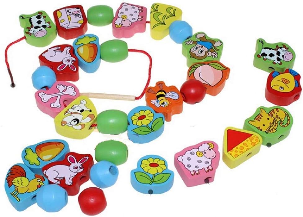 Joc de tip Montessori, set 56 margele din lemn, 3 ani, Animale 01