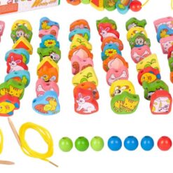 Joc de tip Montessori, set 56 margele din lemn, 3 ani, Animale