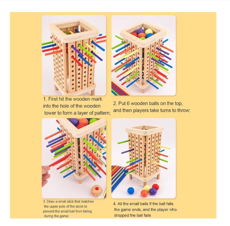 Joc montessori de societate, Joc de echilibru cu bețe și bile, 3 ani 04