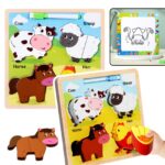 Puzzle educativ din lemn cu tablita de desenat, piese groase, 2 ani+