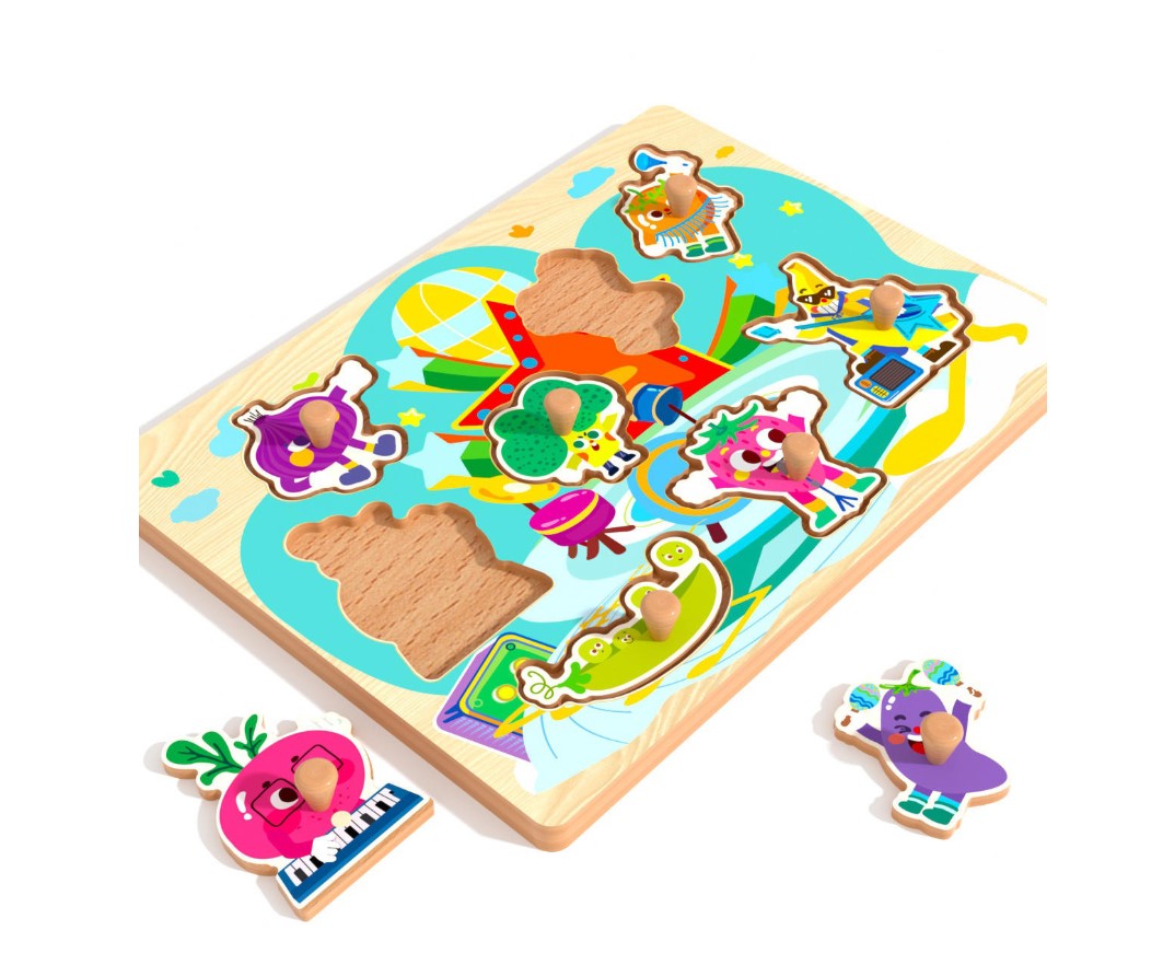 Puzzle incastru din lemn cu butoni, Legume, 3 ani+