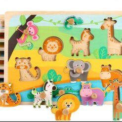 Puzzle incastru din lemn cu butoni si imagine de asociere –Animale salbatice 01