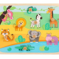 Puzzle incastru din lemn cu butoni si imagine de asociere –Animale salbatice 01