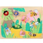 Puzzle incastru din lemn cu butoni si imagine de asociere –Insecte