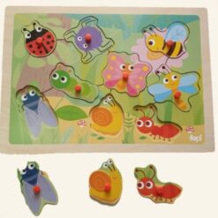 Puzzle incastru din lemn cu butoni si imagine de asociere –Insecte