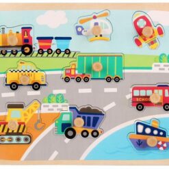 Puzzle incastru din lemn cu butoni si imagine de asociere –Mijloace de transport 01
