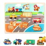 Puzzle incastru din lemn cu butoni si imagine de asociere –Mijloace de transport