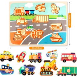 Puzzle incastru din lemn cu butoni si imagine de asociere –Mijloace de transport 01