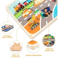 Puzzle incastru din lemn cu butoni si imagine de asociere –Mijloace de transport 01