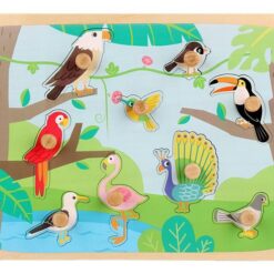 Puzzle incastru din lemn cu butoni si imagine de asociere –Pasari 03