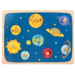 Puzzle incastru din lemn cu butoni si imagine de asociere –Planete