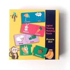 Cu acest puzzle duo de asociere, micuțul tău va avea parte de clipe distractive, dar și educative! Acest joc educativ obiecte și animăluțe este un joc progresiv special conceput pentru copiii de peste 3 ani. Micuțul tău va trebui să asocieze câte 2 piese colorate. În total, jocul conține 20 formații de câte 2 piese asociate. Piesele se îmbină urmărind asocierile, de exemplu putem uni iepurașul cu morcovul (ce mănâncă), umbrela cu ploaia (fenomenul) sau doctorul cu ambulanța. Cele 2 piese din fiecare formație au aceeași culoare, pentru a fi mai ușor identificate de către cel mic. Toate cuvintele sunt în limba engleză, reprezentând și o oportunitate pentru cel mic să învețe a doua limbă. De ce să alegem acest puzzle duo de asociere? Dezvoltă coordonarea mână-ochi și dexteritatea. Stimulează gândirea logică și răbdarea. Micuțul tău va învăța obiecte, fenomene ale naturii sau animăluțe. Își va spori cunoștințele de limba engleză, învățând cuvinte noi. Micuțul tău va învăța culorile diferite ale cartonașelor. Cartonașele sunt realizate din carton gros și rezistent în timp. Este un joc tip puzzle specific copiilor cu vârsta de peste 3 ani. Dimensiune cutie: 20.5 cm x 20.5 cm x 5.5 cm