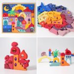 Set de cuburi senzoriale din lemn cu elemente de construcție libere – tip Loose Parts, 3 ani