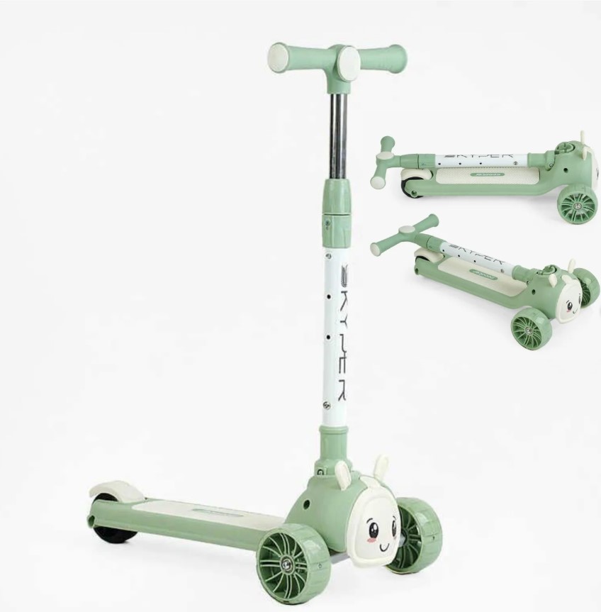 Trotinetă 3 roți, cu ghidon reglabil si muzica, roți luminoase, 3 ani+, Iepuras Verde