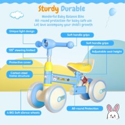 Bicicleta fara pedale cu 4 roti cu lumini, sunete, Ajustabila, 2 ANI+, Albastru 01