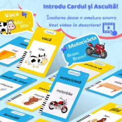Cititor audio de carduri in limba romana si engleza, cu 448 de cuvinte, Roz, 3 ani + 01