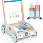 Jucarie de impins din lemn cu set de cuburi