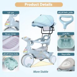Tricicleta 3 in 1 cu sunete si lumini,cu maner parental, 1-4 ani, albastru 06