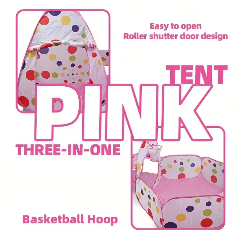 Cort de joaca si tunel pentru copii 3 in 1, 310 cm, Roz 01