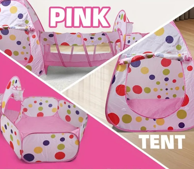 Cort de joaca si tunel pentru copii 3 in 1, 310 cm, Roz 01