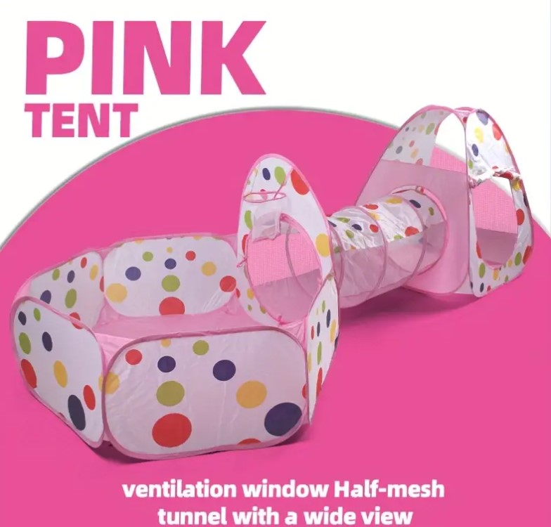 Cort de joaca si tunel pentru copii 3 in 1, 310 cm, Roz 01