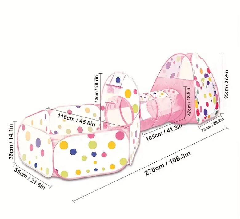 Cort de joaca si tunel pentru copii 3 in 1, 310 cm, Roz 01