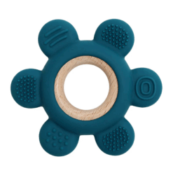 Jucarie de dentitie din silicon si lemn, Albastru Marin, 6 luni+