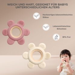 Jucarie de dentitie din silicon si lemn, Roz, 6 luni+ 01