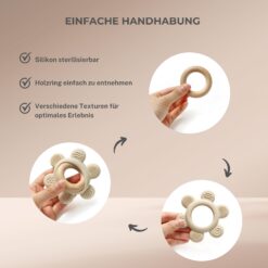 Jucarie de dentitie din silicon si lemn, Roz, 6 luni+ 01
